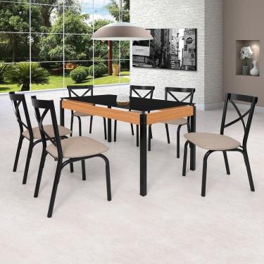 Imagem de Conjunto Sala de Jantar Mesa 140cm X 77cm Tampo Vidro com 6 Cadeiras Karina Preto Fosco / Bege