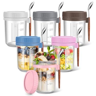 Imagem de Yeenhoopy Pacote Com 6 Potes Para Aveia Noturna Colheres E Tampas, De Salada Mason Boca Larga 473 G, Recipientes Vidro Herméticos À Prova Vazamentos Armazenamento Alimentos Como Leite, Cereais Fruta