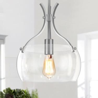 Imagem de ZLNIDJIA Luzes pendentes de vidro ilha de cozinha, iluminação pendente industrial de níquel escovado de 30 cm, luminária suspensa moderna com sombra de vidro para sala de jantar, pia de cozinha