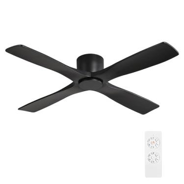 Imagem de WINGBO Ventiladores de teto CC de 121 cm de montagem embutida sem luzes, 4 lâminas de madeira maciça esculpida, motor CC reversível de 6 velocidades, ventilador de teto de baixo perfil, sem luzes para