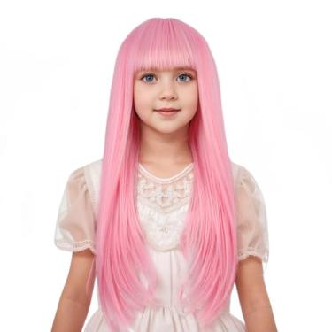 Imagem de Edivd Peruca feminina rosa claro longa rosa pastel com franja de ar para crianças peruca reta rosa pálido para crianças peruca sintética resistente ao calor com touca de peruca