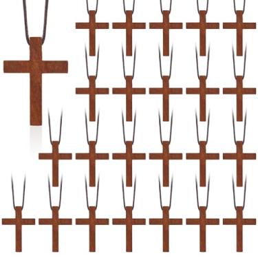 Imagem de JUXINGDAZYF Cruz de madeira a granel cruz de madeira natural para versículo bíblico lembrancinha de festa crucifixo em cordão presente cristão (24 peças)