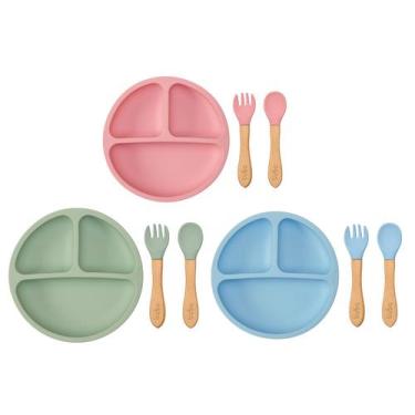 Imagem de Kit Talheres + Pratinho Silicone c/ Ventosas Divisórias Buba, Azul