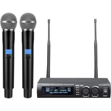 Imagem de innopow Sistema de microfone sem fio, conjunto de microfones sem fio de metal UHF duplo, longa distância de 150 a 200 pés, 16 horas contínuas, frequência fixa, uso para karaokê, festa de família,