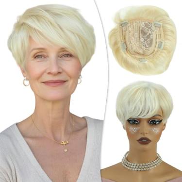 Imagem de PHOCAS Topper de cabelo curto com franja sintético loiro misto branco para mulheres com cabelos finos Magic Pixie Cut Wiglet Cobertura total da parte superior 5 clipes para mais segurança