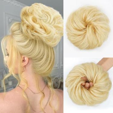 Imagem de Peça de cabelo de coque bagunçado 100% cabelo humano em camadas ondulado encaracolado para mulheres peruca de cabelo penteado grosso para uso diário, extensão de rabo de cavalo real (loiro 613#)