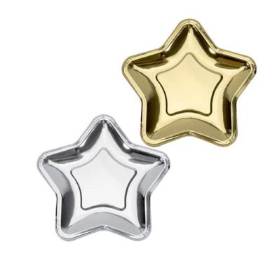 Imagem de JOSON Pacote com 20 pratos de papel em forma de estrela, prato de festa em forma de estrela de 18 cm, prato de papel de sobremesa de frutas para Natal, casamento, aniversário, suprimentos de talheres