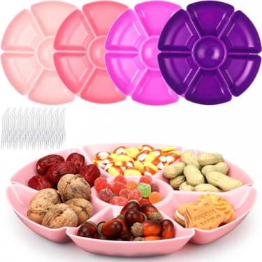 Imagem de Zhehao Bandeja de servir dividida redonda com garfo descartável, pratos de jantar de 25 cm, 7 seções, placa divisória em forma de pétala adequada para dividir frutas secas, pratos de jantar de plástico (cor fofa)