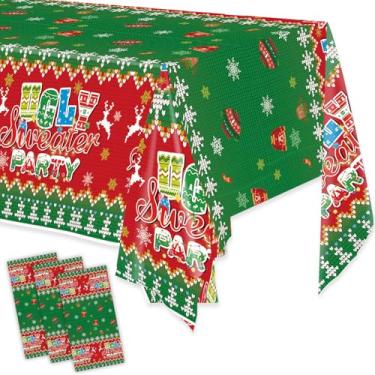Imagem de Gifloon Pacote com 3 toalhas de mesa de Natal descartáveis, suéter feio para decorações de festa de Natal, capa de mesa de plástico para suprimentos de mesa retangulares, 137 x 272 cm
