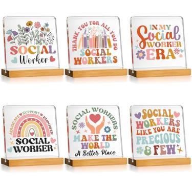 Imagem de Weysat Pacote com 6 presentes de agradecimento de assistente social 10 x 10 cm acrílico decoração de mesa de trabalho social com bases de madeira placa motivacional para conselheiros, terapeutas