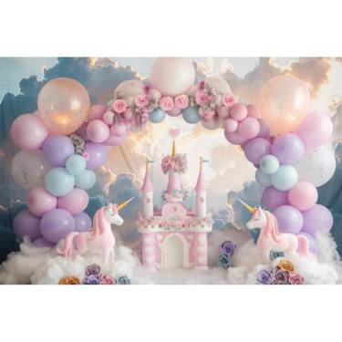 Imagem de YongFoto Castelo princesa arco balão pano de fundo 1,5 x 0,9 m nuvens flor unicórnio fotografia fundo doce bebê menina um ano 1º 2º dois aniversário festa banner criança retrato sessão de fotos papel