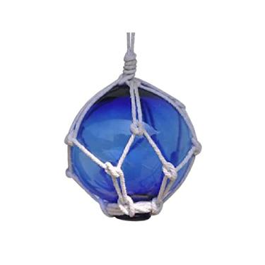 Imagem de Boia de pesca feita à mão com bola de vidro japonesa azul com decoração de rede branca de 7,6 cm - vidro