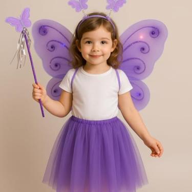 Imagem de Fantasia Infantil Borboleta LED, Conjunto com Asas Iluminadas, Saia Tule, Tiara e Varinha, Rosa (Roxa)