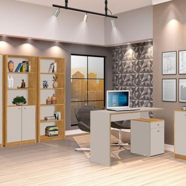 Imagem de Conjunto Home Office 5 Peças 1 Escrivaninha 120cm 1 Balcão 2 Estantes 1 Armário J&A Móveis Marrom/Off White