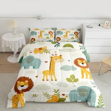 Imagem de Feelyou Conjunto de edredom de animais da selva, leão, para todas as estações, com 1 fronha, elefante, microfibra, solteiro, girafa, decoração de quarto, zebra, safári, africano, edredom
