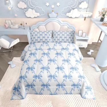 Imagem de Feelyou Conjunto de edredom com laço azul para meninas, com 1 fronha, lindo laço de microfibra, roupa de cama de solteiro, kawaii, estilo princesa sonhadora, edredom macio e leve