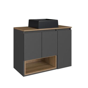 Imagem de Gabinete de Banheiro Suspenso 80cm com Cuba 3 Portas Marrom/Grafite Cecília BL9220 - Faema Móveis