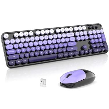 Imagem de SQMD Combo de teclado e mouse sem fio, teclado de máquina de escrever retrô de 2,4 GHz com teclado numérico e mouse sem fio para PC/laptop/desktop/Windows (preto roxo colorido)
