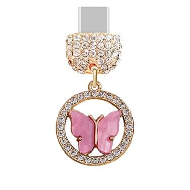Imagem de ELISE & FONDA TP885 Tipo-C porta de carregamento cristal antipoeira pingente de celular pequena borboleta para iPhone 15/16/Samsung/OnePlus/Xiaomi/oppo telefones Android (rosa rosa)