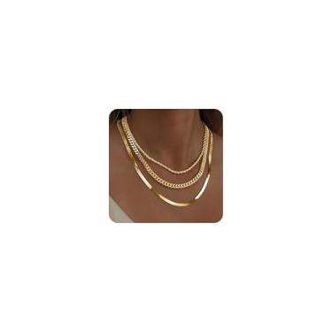 Imagem de GoldGifts Colar feminino de espinha de peixe dourado, moderno, banhado a ouro 14 k, corrente de ouro delicado, corda em camadas, gargantilha cubana, conjunto de joias fofas, presente, One Size, Latão
