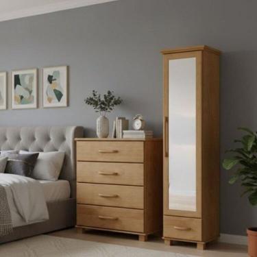 Imagem de Conjunto Cômoda 4 Gavetas + Sapateira com Espelho - 100% Madeira Maciç