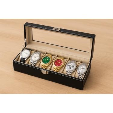 Imagem de Caixa Organizadora Porta Relógios Premium, Couro Sintético, Forro Aveludado, Tampa de Vidro, Interior Protetor, Fecho Metálico, 6 Compartimentos