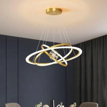 Imagem de Lustre moderno pendente de luz sala de jantar 3 anéis LED escurecimento lustre luminária corda filamento bola de vidro circular redondo lustre para quarto sala de estar, ouro escurecimento i