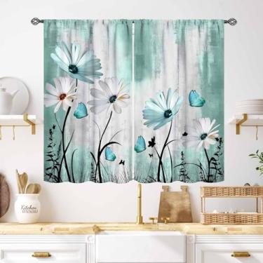 Imagem de Cortinas de margarida, rústica, retrô, azul, azul-petróleo, casa de fazenda, primavera, borboleta, planta, tratamento, janela, para quarto, sala de estar, cozinha, 69,8 cm L x 99 cm C, conjunto de 2