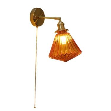 Imagem de Luminária de parede industrial de vidro âmbar, luminária de parede ajustável de 180° com corrente de puxar, luminária de parede de latão para quarto, sala de estar, banheiro (marrom)