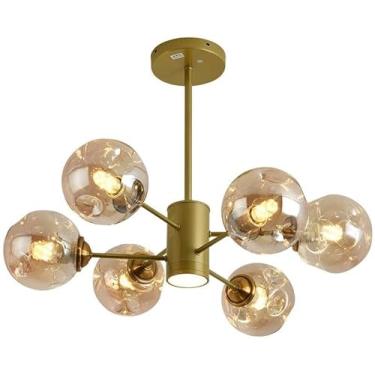 Imagem de Lustre de vidro dourado Sputnik, luminária de teto com holofote LED, bola preta âmbar, luminária moderna de meados do século para sala de estar, sala de jantar, cozinha, quarto