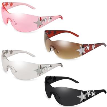 Imagem de 3 pares de óculos de sol Y2K para mulheres e homens, óculos escuros modernos envolventes, estrela sem aro, óculos grandes modernos sem moldura, Preto, prata, rosa, marrom degradê