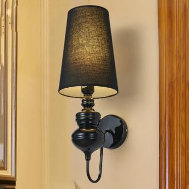 Imagem de Luminária de parede vintage para interior, estilo fazenda, retrô, com fiação, para leitura de quarto, com abajur de tecido em formato de barril, luminária de parede rústica de ferro estilo a