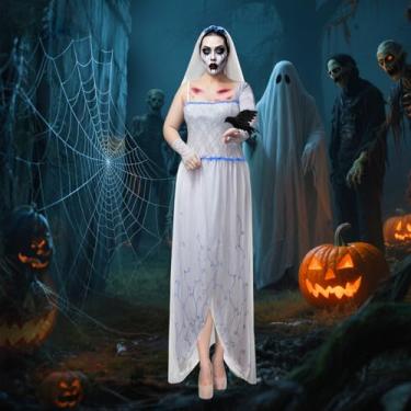 Imagem de HuntChao Vestido de noiva cadáver cosplay fantasia de Halloween fantasma noiva terno para mulheres 1 conjunto (GG), branco