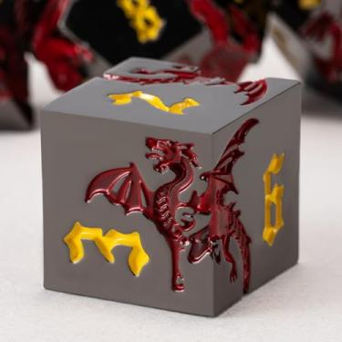 Imagem de DND Metal Dragon Dice Set with Dragon, Metallic Polyhedral Dice Set for Dungeons and Dragons RPG TTRPG D&D Die with Gift Case (Dragon-Black Nickel Red)