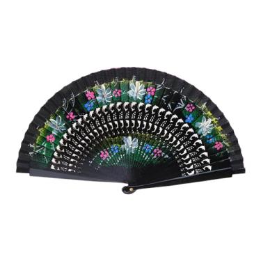 Imagem de EINCORN Leque dobrável espanhol para mulheres, pintura de flores de dois lados, leque de mão de madeira para decoração de festival de dança