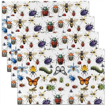 Imagem de Conjunto de 4 jogos americanos coloridos para crianças, borboleta, libélula, mel, joaninha, besouro, para meninos e meninas, animais selvagens, rústico, branco, decoração de mesa de cozinha, 30 x 45