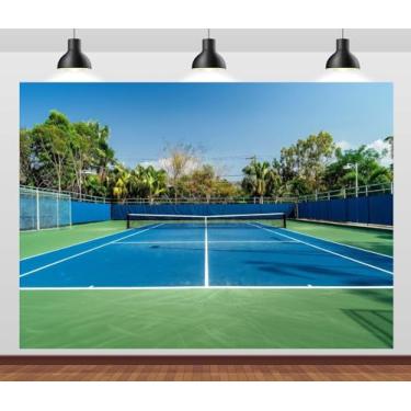 Imagem de CORFOTO Fundo de quadra de tênis vazia de 2,4 x 1,8 m, azul e verde, campo esportivo moderno, quadra de tênis, estádio, para jogos esportivos, decorações de festa ao ar livre, adultos, atletas