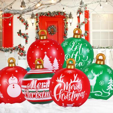 Imagem de Jetec 6 peças grandes infláveis de Natal bola decorada de Natal 61 polegadas de PVC gigante enfeites de bola de Natal decorações de bola inflável de Natal para decoração de Natal para piscina interna e externa gramado varanda árvore decoração de festa