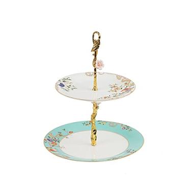 Imagem de Suporte de bolo/xícara de cerâmica com alças de metal, suporte duplo para exibição de sobremesa, suporte europeu para cupcake, elegante, bandeja de serviço de pastelaria, suporte de frutas, suporte de