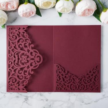 Imagem de ponatia 20 peças de bolsos de convites de casamento com corte a laser bordô, bolsos de convite com corte a laser de 13 x 17 cm para chá de panela de casamento, 15 anos, convite (sem envelopes e