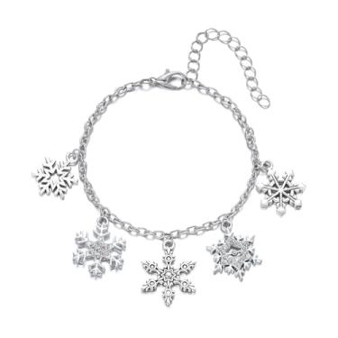 Imagem de Pulseira feminina com pingente de Natal elegante e delicada árvore de floco de neve, pingentes dourados, acessórios para fantasia de Natal, joias de festa de Natal, Medium, Liga de aço, Sem Pedra