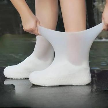 Imagem de 2 pares de botas de chuva de látex, capas de sapato à prova d'água, reutilizáveis para proteção de chuva ao ar livre - BRANCO