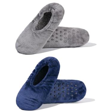 Imagem de GLENMEARL 2 pares de meias femininas com aderência antiderrapante sola macia chinelos quentes de inverno, Azul marinho + cinza, 7.5-9.5