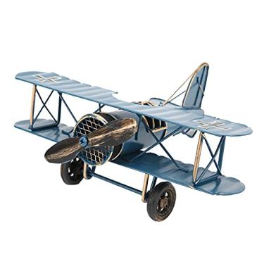 Imagem de YOUTHINK Avião de Ferro Forjado, Modelo Biplano Vintage para Decoração de Casa, Estrutura estável. Ornamento Moderno de Aeronaves de Metal Com Corrente de Metal para Pendurar, Estilo (BLUE)