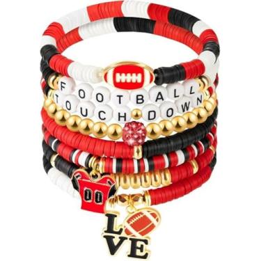 Imagem de KLSKLYL 【Conjunto de 8 peças de pulseiras Super Bowl】 Pulseiras com tema esportivo para dia de jogo – Conjunto de miçangas unissex de futebol, basquete, vôlei e beisebol, One Size, Argila de polímero
