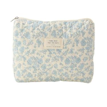 Imagem de Bolsa de maquiagem acolchoada de algodão bolsa de maquiagem grande floral bolsa de cosméticos fofa de algodão organizador de viagem bolsa de higiene pessoal bolsa de cosméticos, Azul, Sacos de