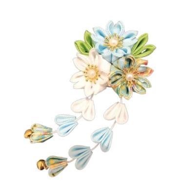 Imagem de Grampo de cabelo com flor de borla, tecido fofo e fofo, grampo de cabelo, quimono japonês feito à mão, acessório para cabeça (azul)