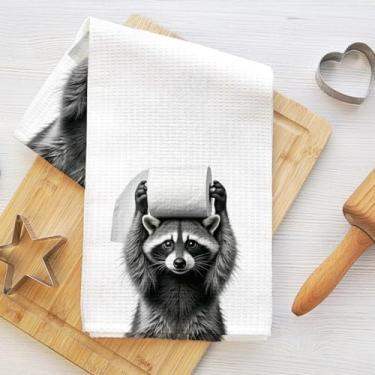 Imagem de Toalhas de banho engraçadas de papel higiênico de guaxinim segurando 61 x 35 cm, toalha de prato de microfibra macia absorvente humorística, toalhas de mão de waffle para banheiro, banheiro, presentes