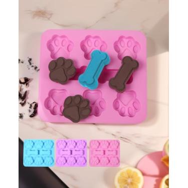 Imagem de Conjunto de 3 moldes de silicone para petiscos para cães, 6 formas de pata e 2 formas de osso para chocolate, doces, cubos de gelo e assados, moldes antiaderentes de silicone de grau alimentício (azul