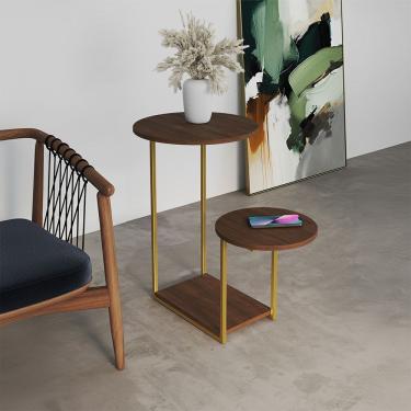 Imagem de Mesa Lateral Industrial Dourado Ferro Tampo Redondo Amêndoa